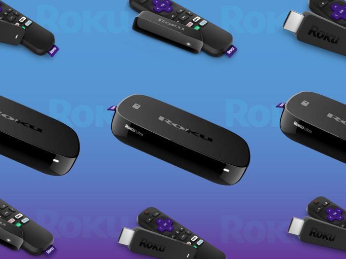 Photo of Roku devices over a blue background.