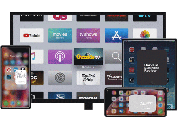 A collage of TV and phone screens with apps built on MAZ, including New York Media, Variety, Harvard Business Review and Outside TV.