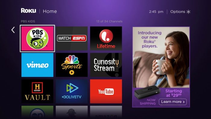 A Roku TV screen, showing an ad for a Roku Player on the sidebar.